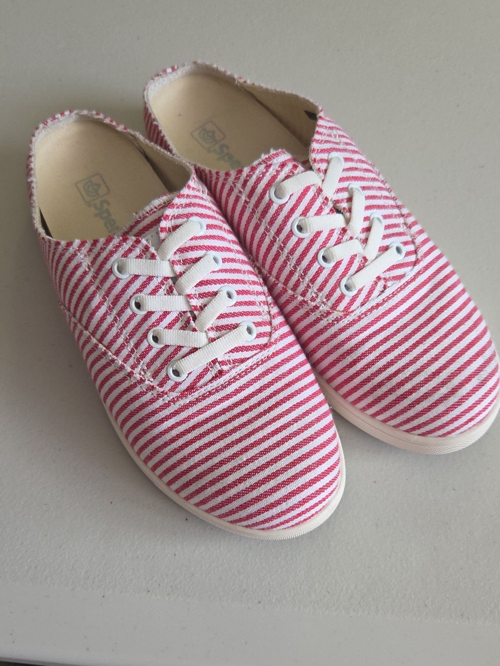 Spenco Canves Striped Red And White Slip-On Mules with Lace Detail